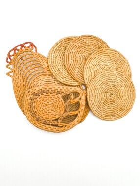 Vintage 1970s Woven Wicker Rooster Trivet Caddy Set